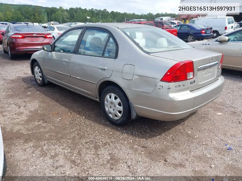 2003 Honda Civic Lx VIN: 2HGES16513H597931 Lot: 40434318