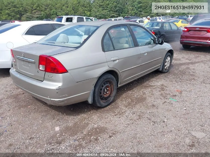 2003 Honda Civic Lx VIN: 2HGES16513H597931 Lot: 40434318