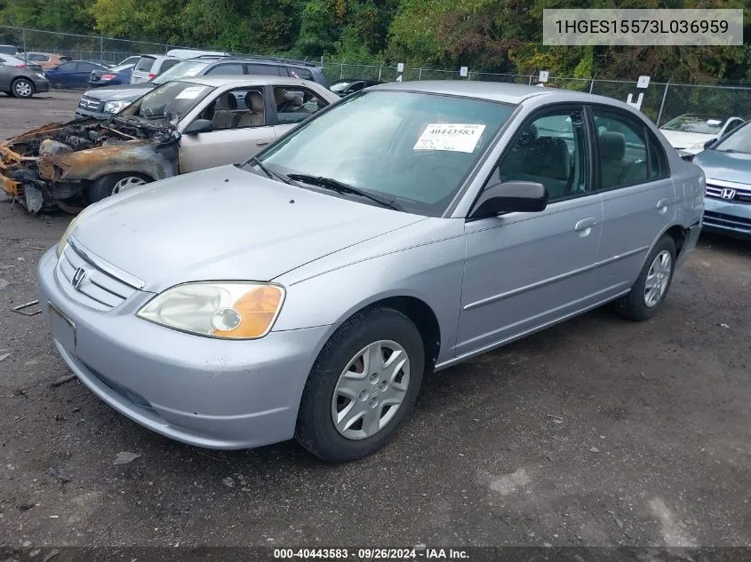 2003 Honda Civic Lx VIN: 1HGES15573L036959 Lot: 40443583