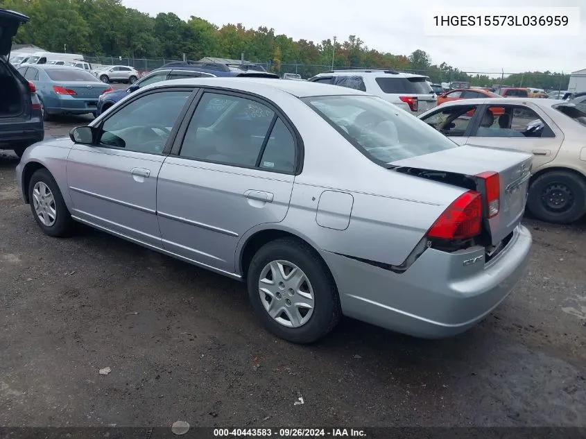 2003 Honda Civic Lx VIN: 1HGES15573L036959 Lot: 40443583