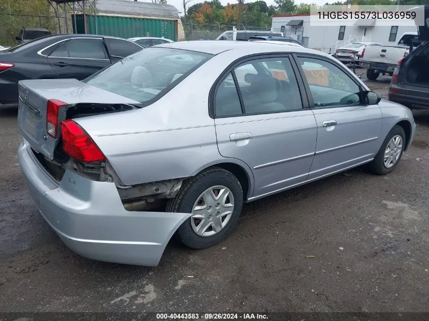 2003 Honda Civic Lx VIN: 1HGES15573L036959 Lot: 40443583