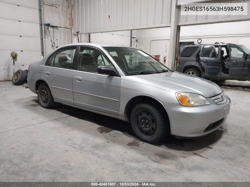 2003 Honda Civic Lx VIN: 2HGES16563H598475 Lot: 40451507