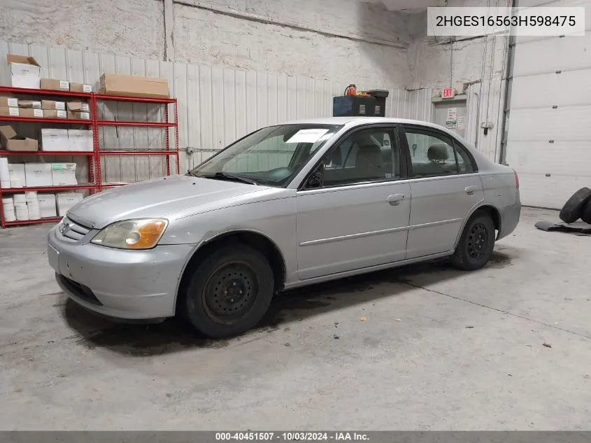 2003 Honda Civic Lx VIN: 2HGES16563H598475 Lot: 40451507