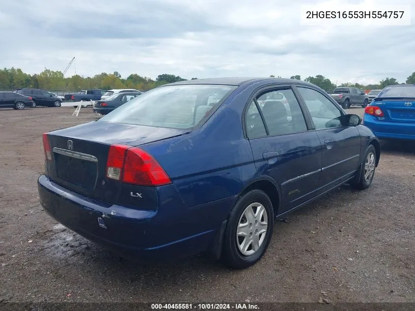 2003 Honda Civic Lx VIN: 2HGES16553H554757 Lot: 40455581