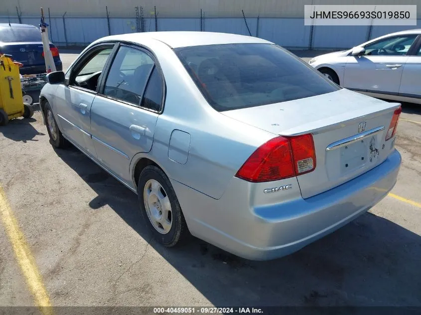 2003 Honda Civic Hybrid VIN: JHMES96693S019850 Lot: 40459051