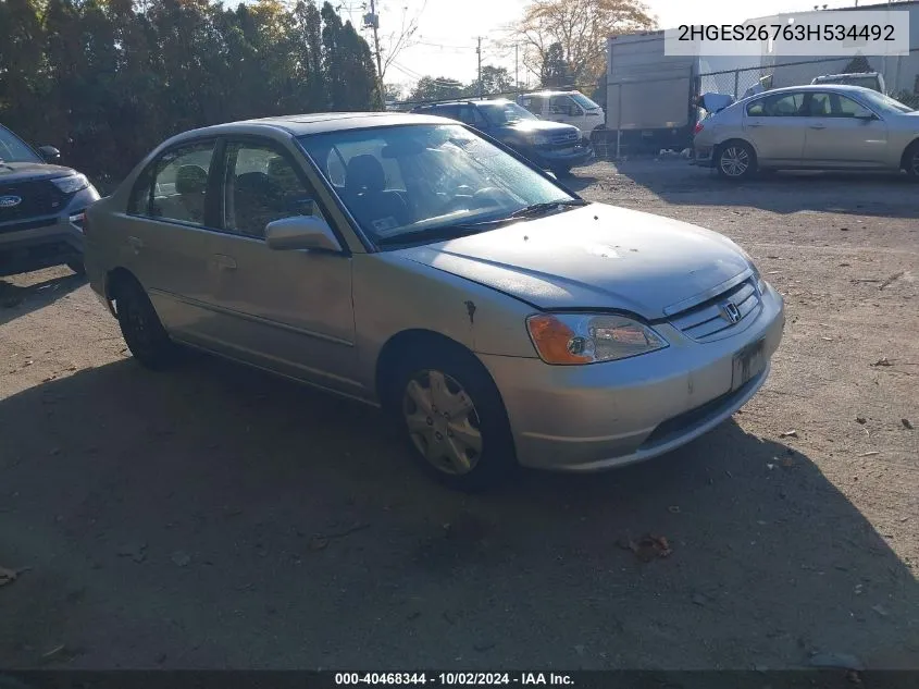 2003 Honda Civic Ex VIN: 2HGES26763H534492 Lot: 40468344