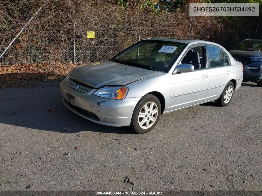 2003 Honda Civic Ex VIN: 2HGES26763H534492 Lot: 40468344