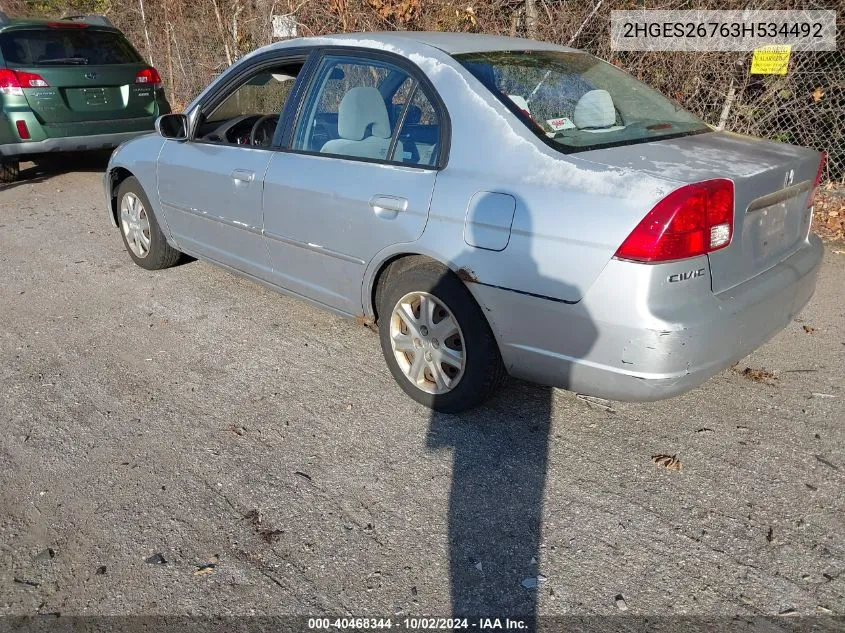 2003 Honda Civic Ex VIN: 2HGES26763H534492 Lot: 40468344