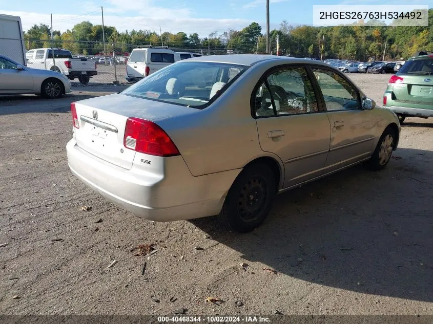 2003 Honda Civic Ex VIN: 2HGES26763H534492 Lot: 40468344