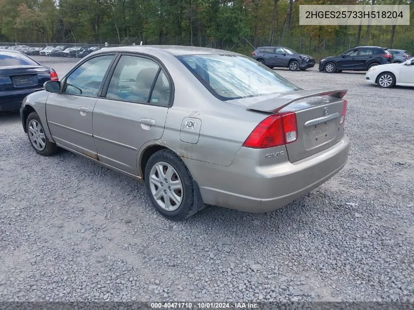 2003 Honda Civic Ex VIN: 2HGES25733H518204 Lot: 40471710