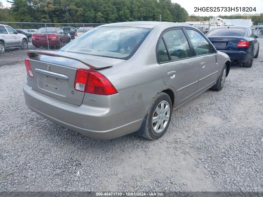 2003 Honda Civic Ex VIN: 2HGES25733H518204 Lot: 40471710