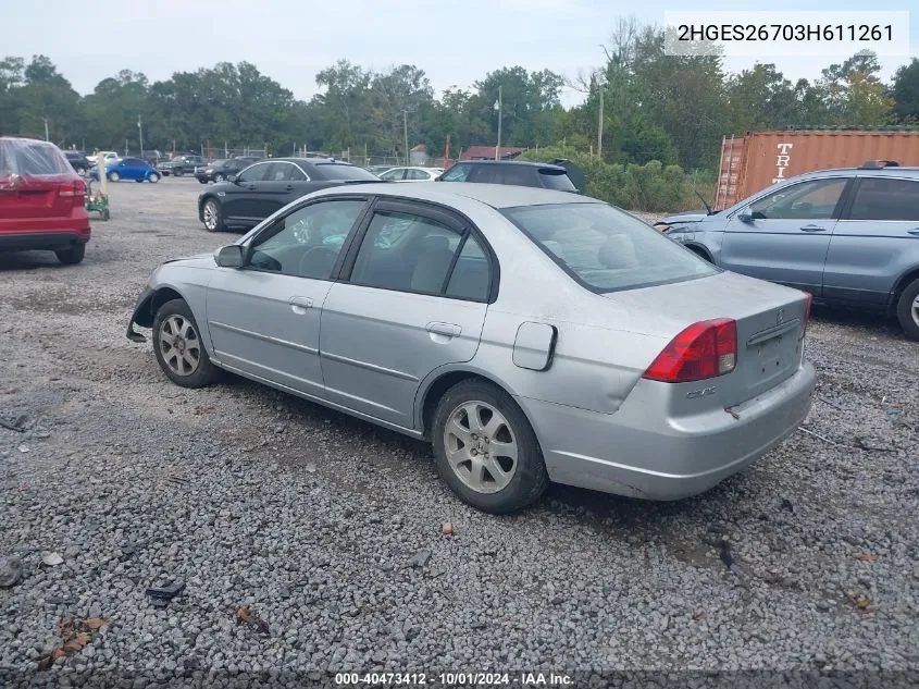 2003 Honda Civic Ex VIN: 2HGES26703H611261 Lot: 40473412