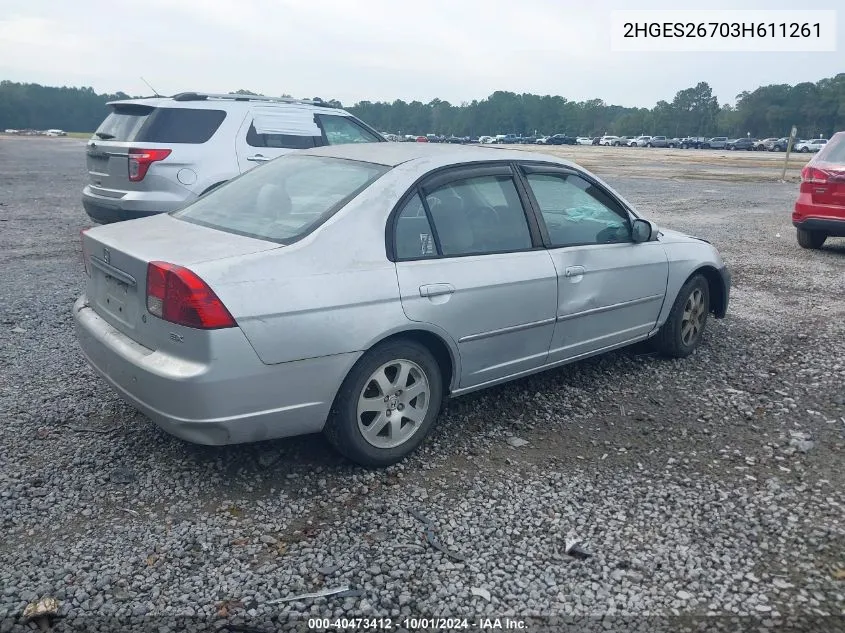 2003 Honda Civic Ex VIN: 2HGES26703H611261 Lot: 40473412