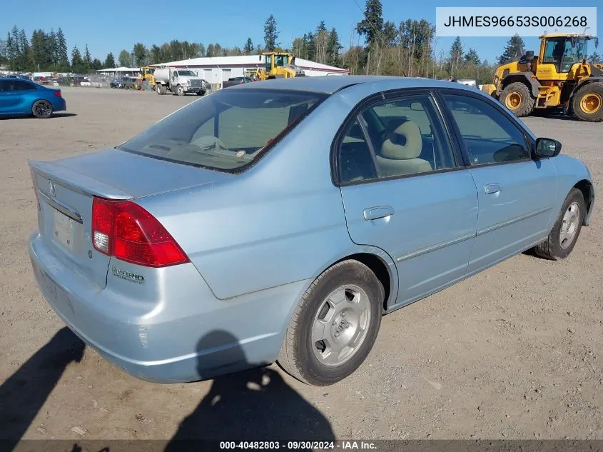 2003 Honda Civic Hybrid VIN: JHMES96653S006268 Lot: 40482803