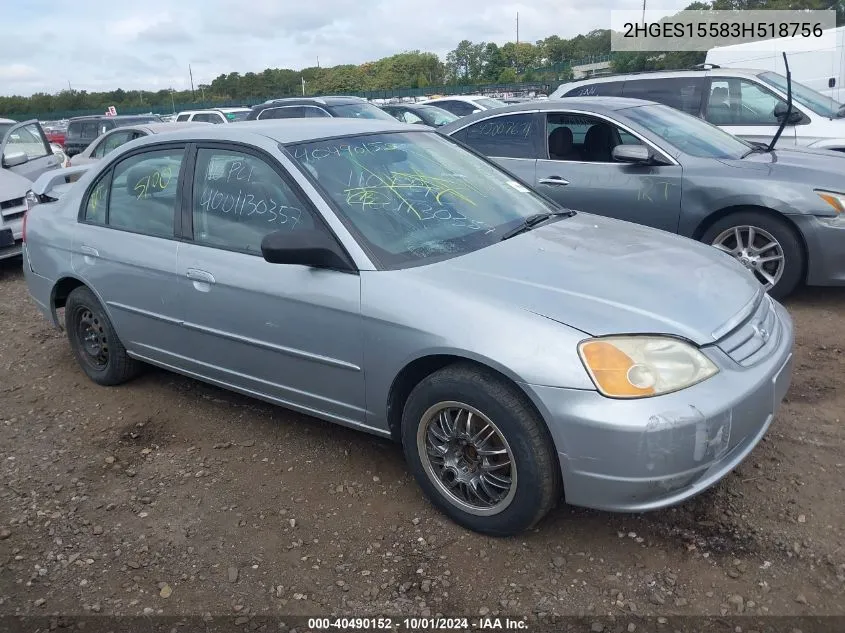 2003 Honda Civic Lx VIN: 2HGES15583H518756 Lot: 40490152