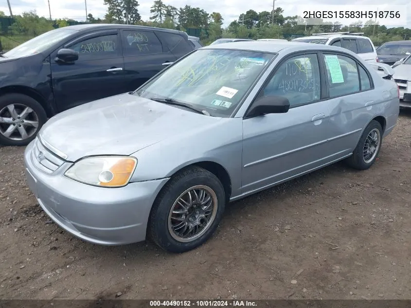 2003 Honda Civic Lx VIN: 2HGES15583H518756 Lot: 40490152