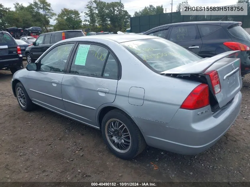 2003 Honda Civic Lx VIN: 2HGES15583H518756 Lot: 40490152