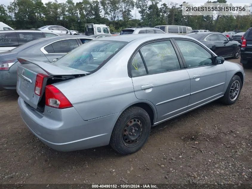 2003 Honda Civic Lx VIN: 2HGES15583H518756 Lot: 40490152