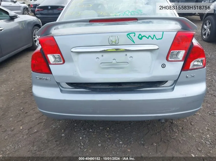 2003 Honda Civic Lx VIN: 2HGES15583H518756 Lot: 40490152