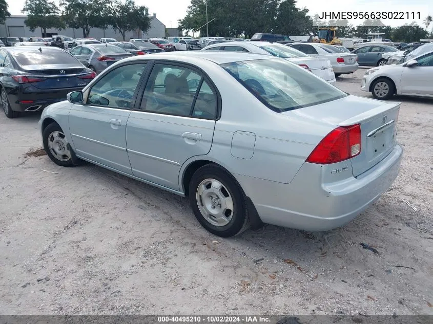 2003 Honda Civic Hybrid VIN: JHMES95663S022111 Lot: 40495210