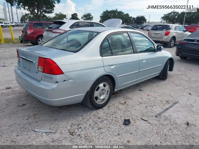 2003 Honda Civic Hybrid VIN: JHMES95663S022111 Lot: 40495210