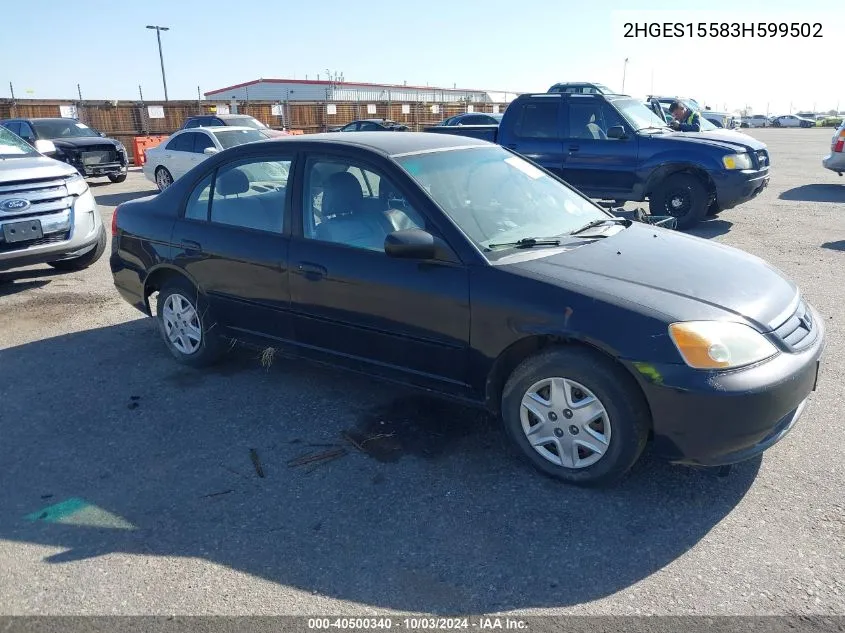 2003 Honda Civic Lx VIN: 2HGES15583H599502 Lot: 40500340