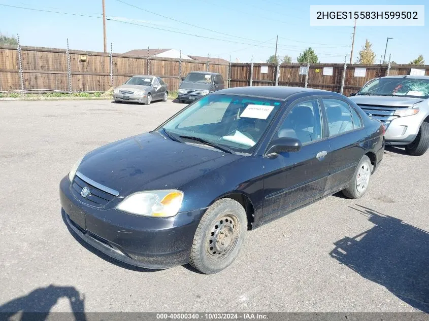 2003 Honda Civic Lx VIN: 2HGES15583H599502 Lot: 40500340