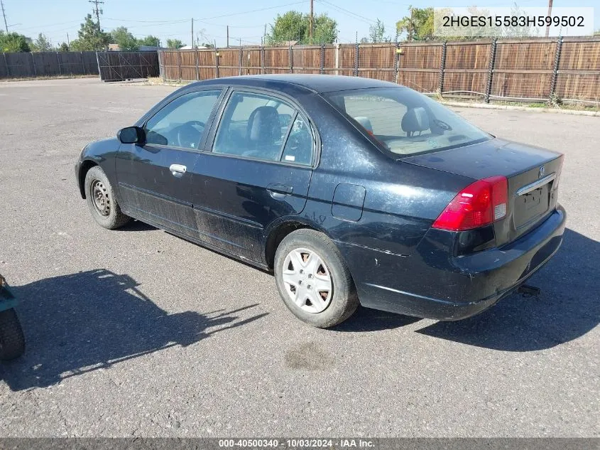 2003 Honda Civic Lx VIN: 2HGES15583H599502 Lot: 40500340