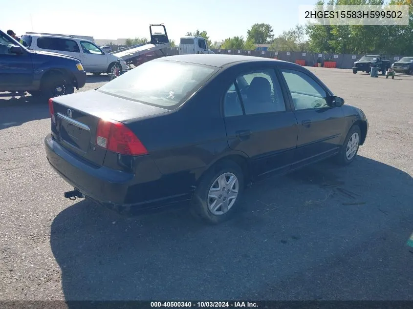 2003 Honda Civic Lx VIN: 2HGES15583H599502 Lot: 40500340