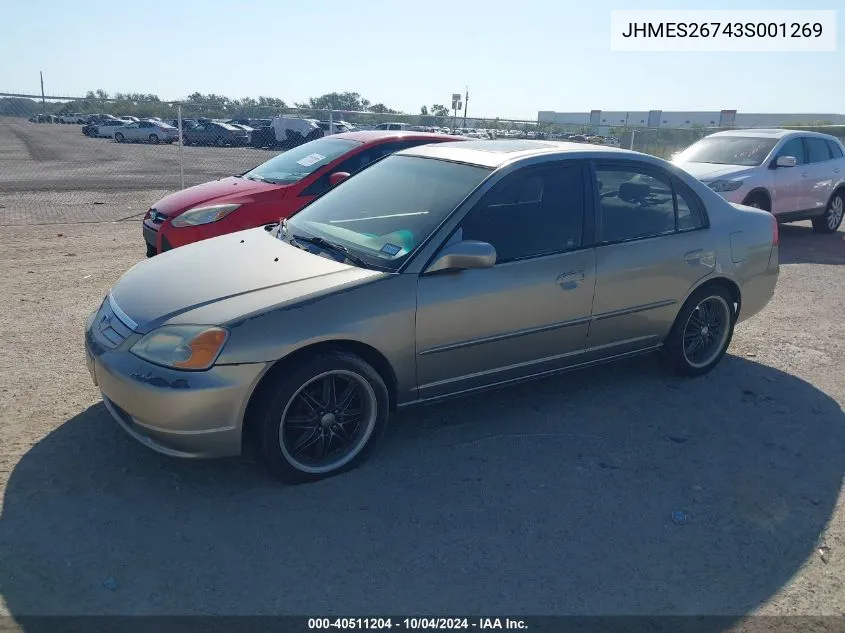 2003 Honda Civic Ex VIN: JHMES26743S001269 Lot: 40511204