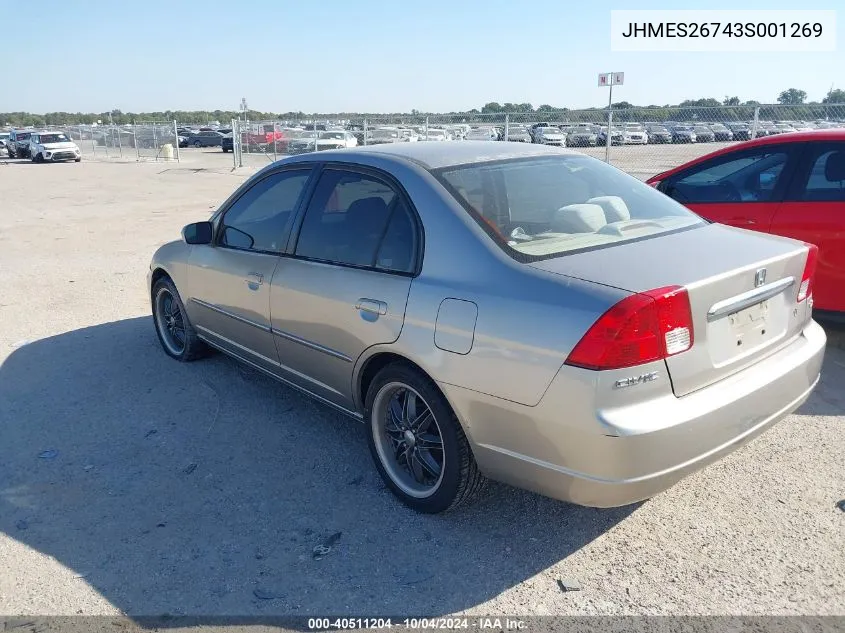 2003 Honda Civic Ex VIN: JHMES26743S001269 Lot: 40511204