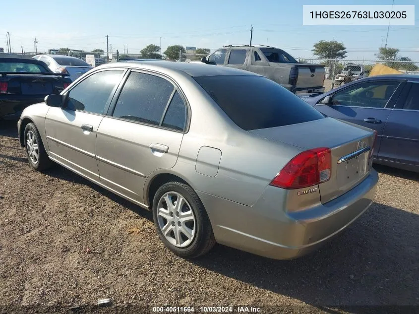 2003 Honda Civic Ex VIN: 1HGES26763L030205 Lot: 40511664