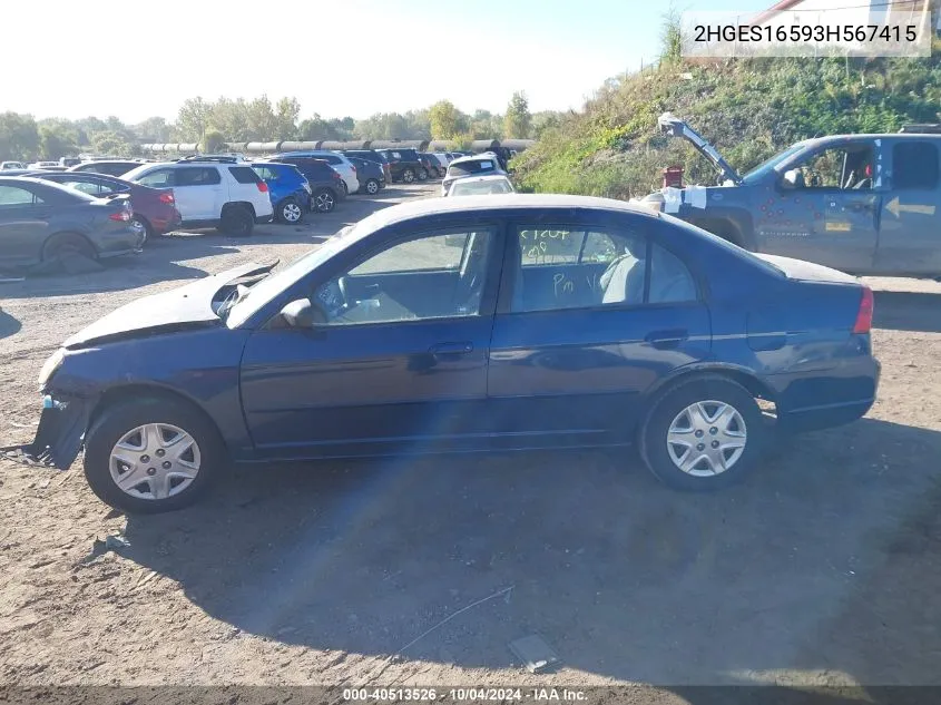 2003 Honda Civic Lx VIN: 2HGES16593H567415 Lot: 40513526