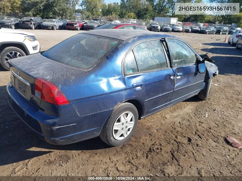 2003 Honda Civic Lx VIN: 2HGES16593H567415 Lot: 40513526