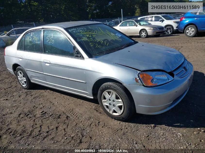 2003 Honda Civic Lx VIN: 2HGES16503H611589 Lot: 40554983