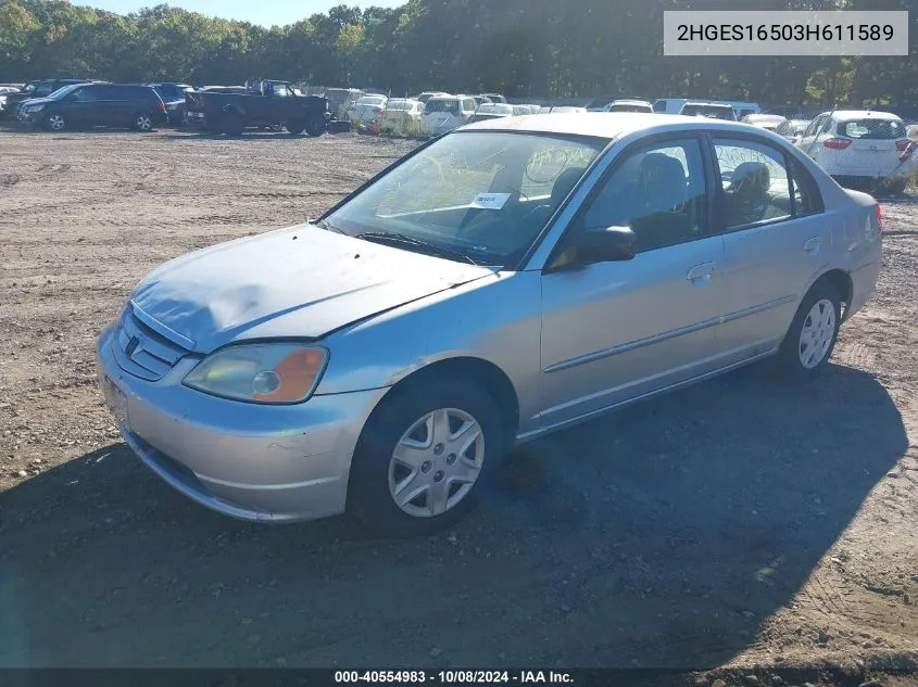 2003 Honda Civic Lx VIN: 2HGES16503H611589 Lot: 40554983