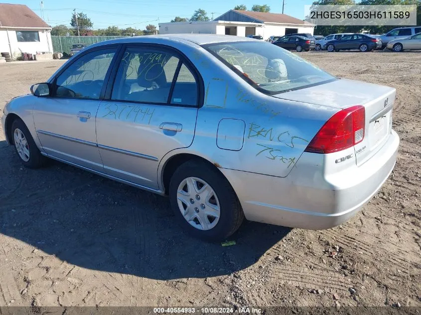 2003 Honda Civic Lx VIN: 2HGES16503H611589 Lot: 40554983