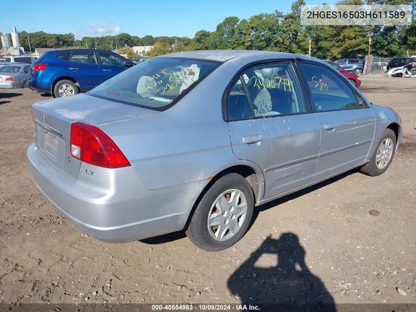 2003 Honda Civic Lx VIN: 2HGES16503H611589 Lot: 40554983