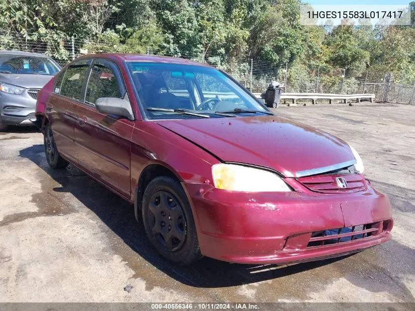 2003 Honda Civic Lx VIN: 1HGES15583L017417 Lot: 40556346