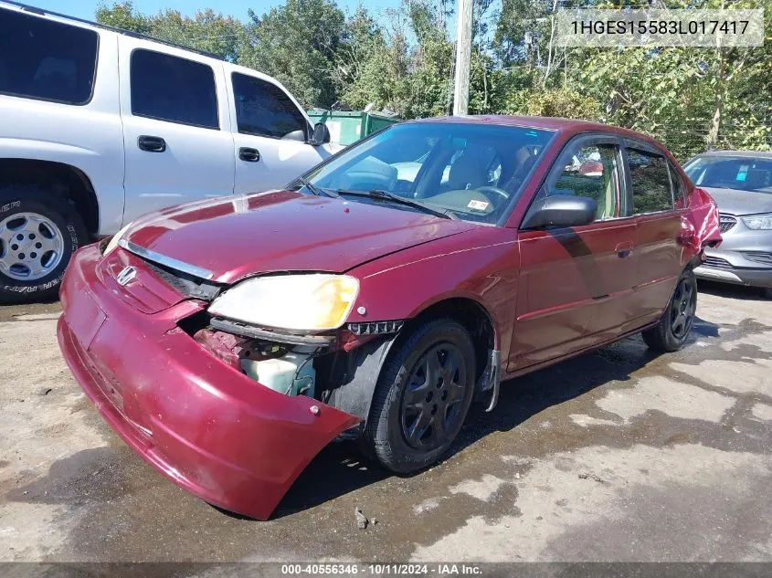 2003 Honda Civic Lx VIN: 1HGES15583L017417 Lot: 40556346