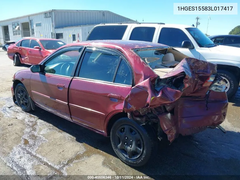 2003 Honda Civic Lx VIN: 1HGES15583L017417 Lot: 40556346