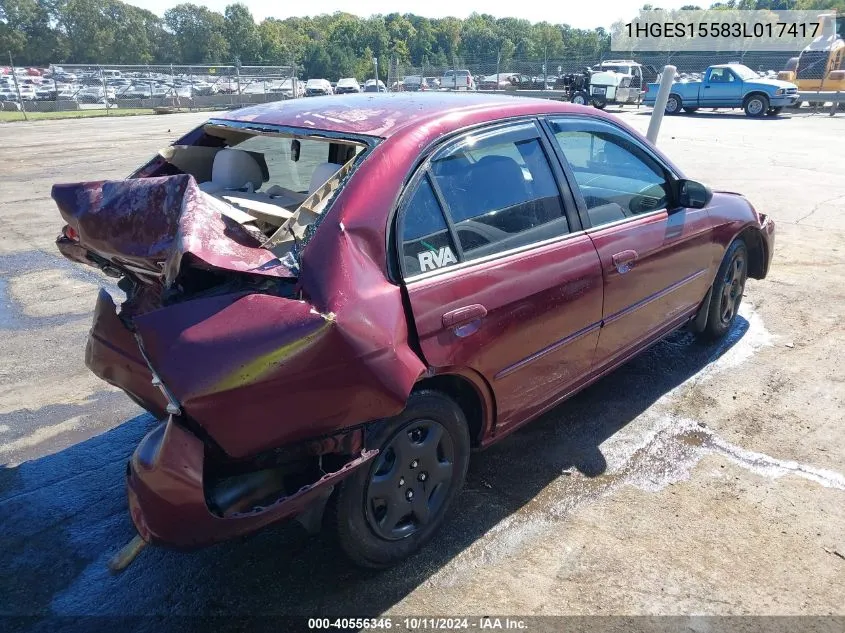 2003 Honda Civic Lx VIN: 1HGES15583L017417 Lot: 40556346