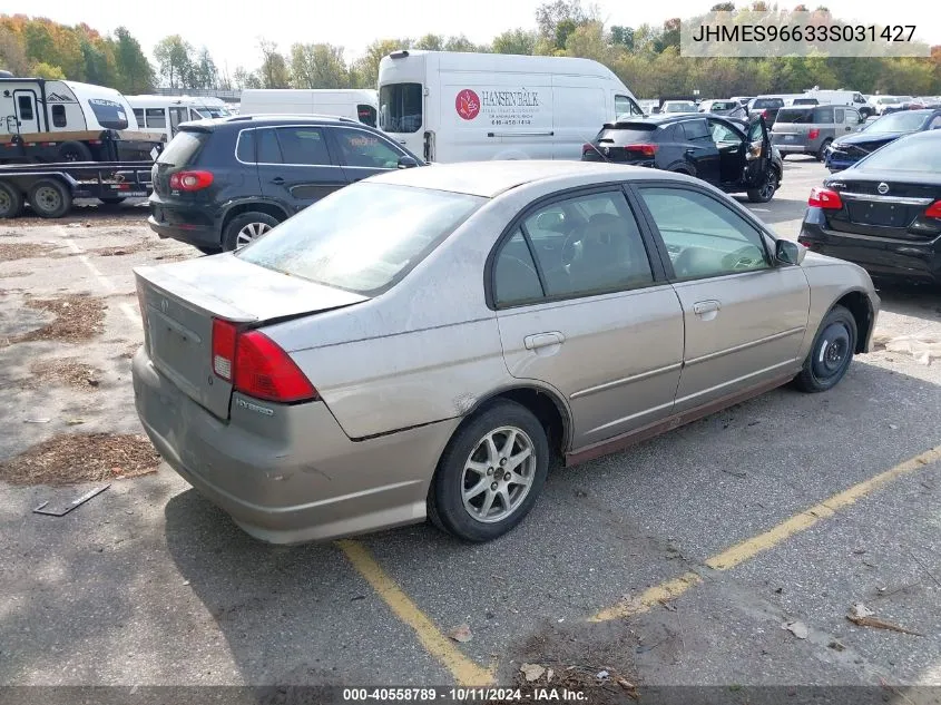 2003 Honda Civic Hybrid VIN: JHMES96633S031427 Lot: 40558789