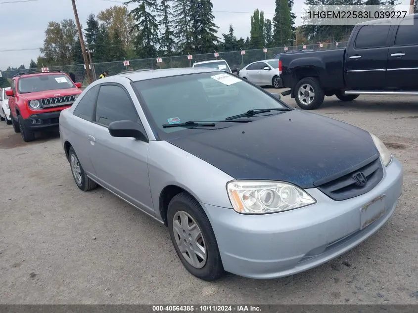 2003 Honda Civic Lx VIN: 1HGEM22583L039227 Lot: 40564385