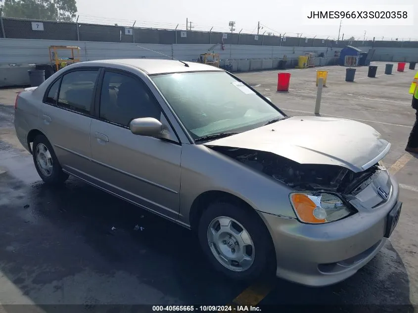 2003 Honda Civic Hybrid VIN: JHMES966X3S020358 Lot: 40565665