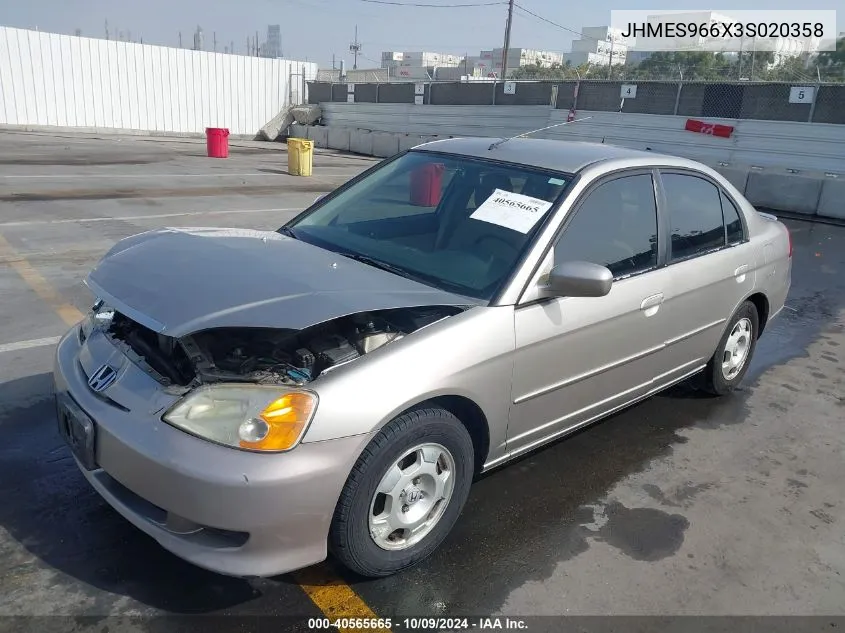 2003 Honda Civic Hybrid VIN: JHMES966X3S020358 Lot: 40565665