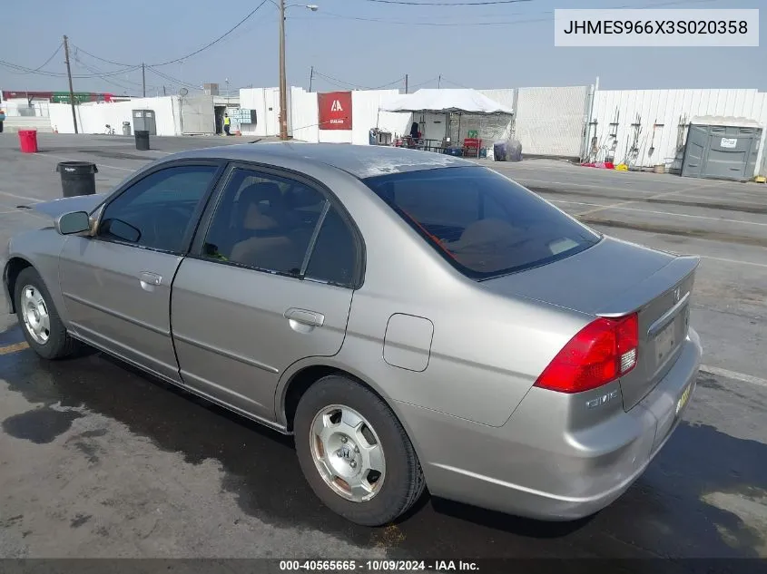 2003 Honda Civic Hybrid VIN: JHMES966X3S020358 Lot: 40565665