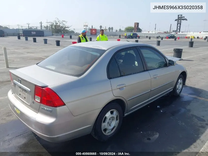 2003 Honda Civic Hybrid VIN: JHMES966X3S020358 Lot: 40565665