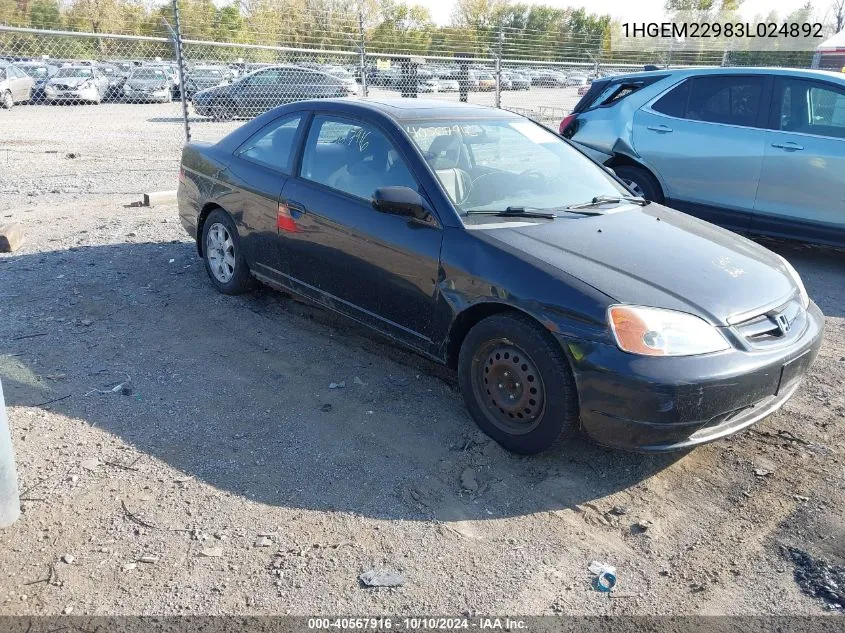 2003 Honda Civic Ex VIN: 1HGEM22983L024892 Lot: 40567916