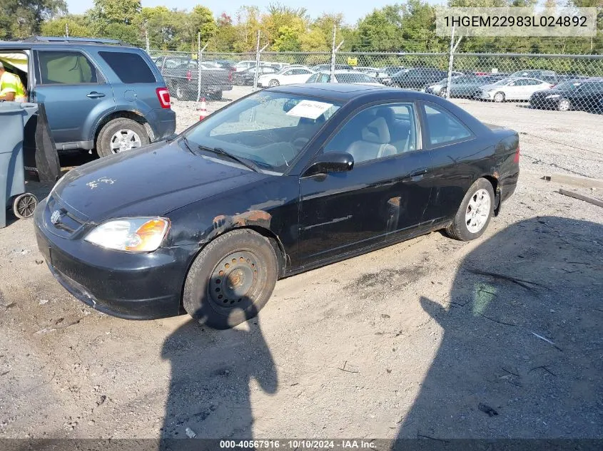 2003 Honda Civic Ex VIN: 1HGEM22983L024892 Lot: 40567916